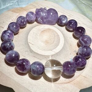 7 in Purple Charoite Clear Quartz Bracelet 10-14mm with Pixiu Center 15.3×23.5mm